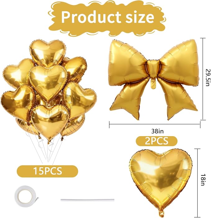 Vuzvuv Gold Heart Balloons Gold Bow Balloons Set, anniversary, Valentine's Day - Image 2