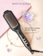 LANDOT Hair Straightener Brush for Thick Curly Hair - Ionic Ceramic Straightening Brush with Dense Bristles & 12 Temp Settings, Dual Voltage, Fast Heating for Frizz-Free Smooth Hair, Black