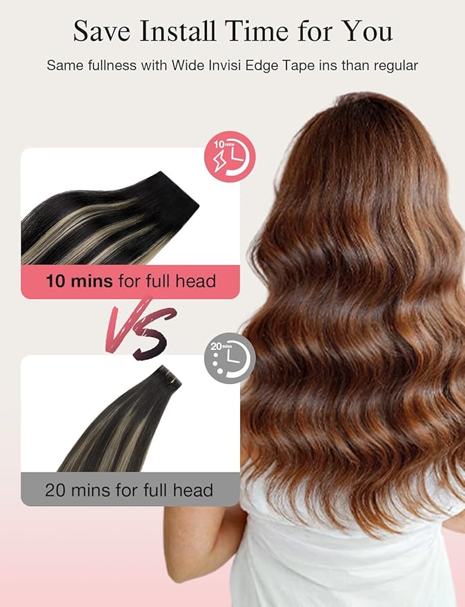 DOORES Invisi Edge Tape in Wide Hair Extensions Human Hair, Natural Black to Light Blonde 4PCS Injection Tape ins 20g 24 Inch, Virgin Human 3 Inch Wide Injected Extensions Invisible
