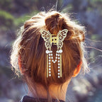 3PCS Butterfly Hair Claw Clip With Pearl and Rhinestone Tassel, Metal Small Hair Clips, Cute Hair Styling Accessories for Women and Girls, Gold