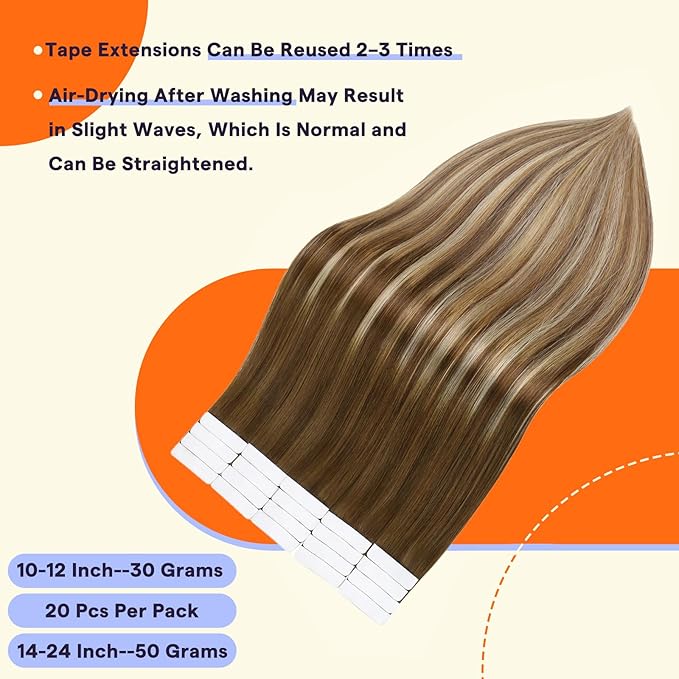 Full Shine Human Hair Extensions Tape in 20PCS Color 4/27/60/8 Brown and Blonde Seamless Skin Weft Tape in Hair Extensions Human Hair Ombre 18 Inch Remy Invisible Straight Hair 50grams for Women