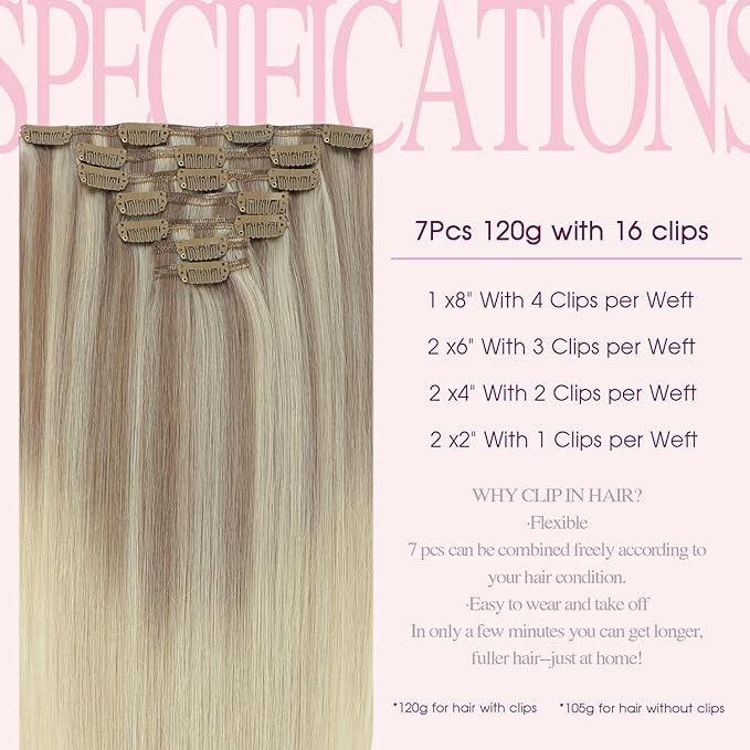 PINKPEARL Clip in Hair Extensions Straight Human Hair #18/22/60 Balayage Ash Blonde to Golden Blonde and Platinum Blonde 7pcs 120g 14 Inch Real Hair Clip in Extensions(#18/22/60-14)