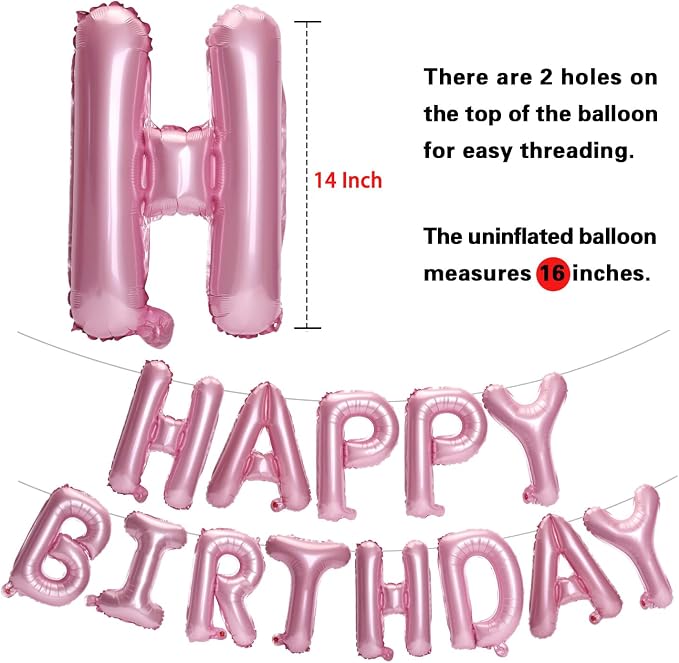 PIGETALE Pink Happy Birthday Banner, 16 Inch 3D Aluminum Foil Inflatable - Image 4