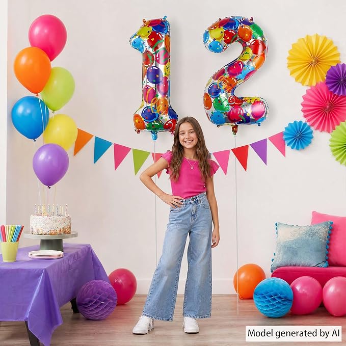 40 Inch Rainbow Balloon Number 12 Balloons, Giant 12th Birthday Decor | 40" - Image 2