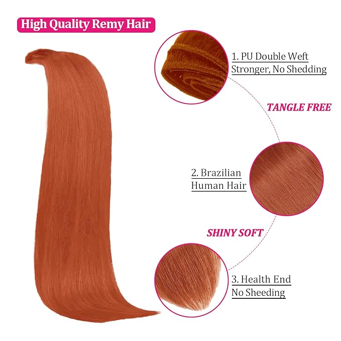 Hair Extensions Real Human Hair Copper Hair Extensions Clip Ins 110g 16inch 8pcs Colorful Soft Silky Clip in Extensions Natural & Soft Long Hair Clip Ins for Women, Can Be Styled Real Human Hair