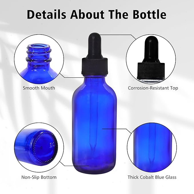 48 Pack 2oz Cobalt Blue Glass Bottles with Glass Eye Droppers for Essential Oils, Perfumes & Lab Chemicals (Brush, Funnels, 2 Extra Droppers, 54 Pieces Labels & 30ml Measuring Cup Included)