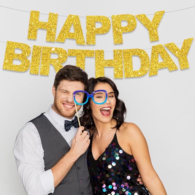 BEISHIDA Pre-Strung Glitter Gold Happy Birthday Banner Party Sign Decor | NO DIY - Image 4