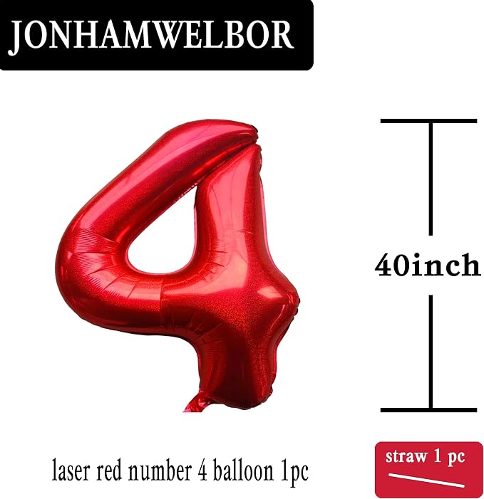 Jonhamwelbor 40 Inch Laser Red 4 Balloon Number Foil Mylar Giant Balloon - Image 2