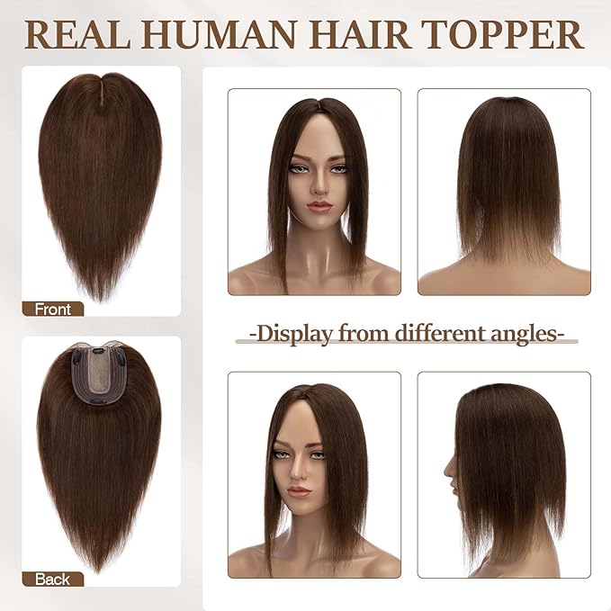 Rich Choices Hair Toppers for Women Real Human Hair 100% Human Remy Toppers NO Bangs for Women with Thinning on Top Clip in Hairpiece 4"x4.7"Lace Base 10 Inch #4 Medium Brown