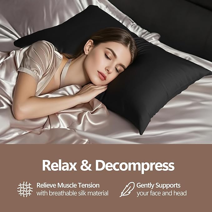 Set of 2 100% Silk Pillow Cases Queen - 6A Luxury Mulberry Silk Pillowcase for Hair and Skin - Anti-Wrinkle, Cooling & Smooth, Hidden Zipper - Pillowcases for Sleeping Women Girl, Boy, Black