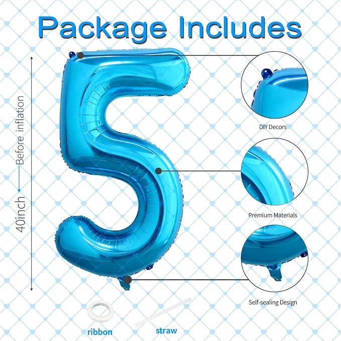 40 Inch Blue Number 5 Balloon, Giant Number Balloons, Birthday Decorations | - Image 3