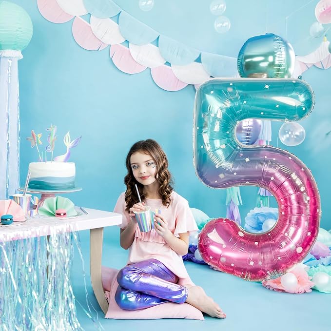 Mermaid Starry 5 Balloons, 40 Inch Giant Teal Blue Purple Mylar Foil Number 0-9 - Image 4