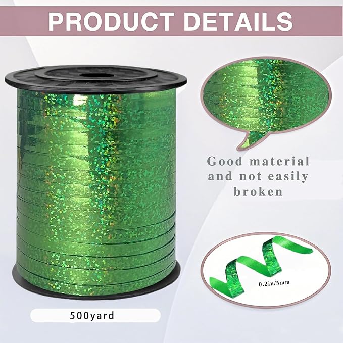 500 Yards Green Laser Curling Ribbon, 1/5" Holographic Curly Ribbons, Curling - Image 2