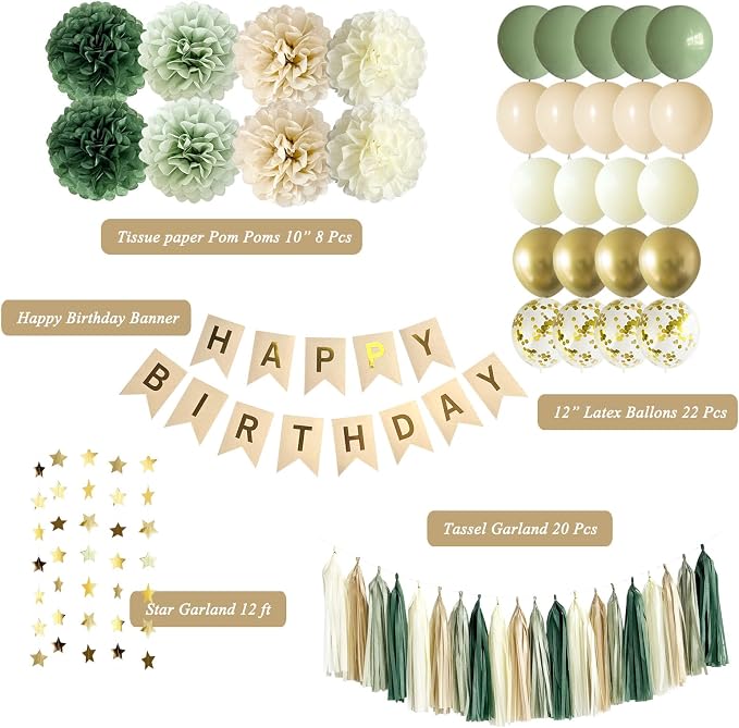 ANSOMO Sage Green Happy Birthday Party Decorations Retro Green Nude Ivory Dark - Image 3