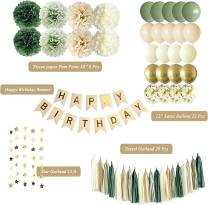 ANSOMO Sage Green Happy Birthday Party Decorations Retro Green Nude Ivory Dark - Image 3