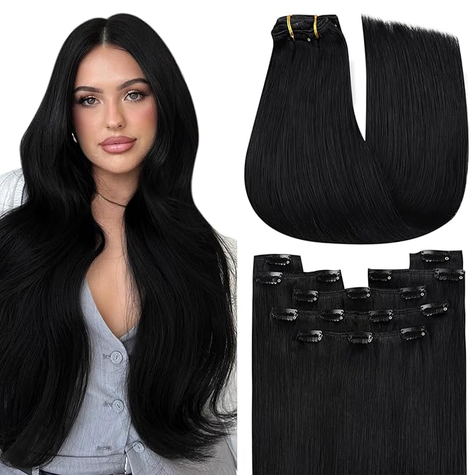 YoungSee 150G Clip in Hair Extensions Long Straight Hair Extensions Clip ins Black Clip in Black Hair Extension Human Hair Long Clip on Hair Extension Real Human Hair Add Length 7Pcs 24Inch