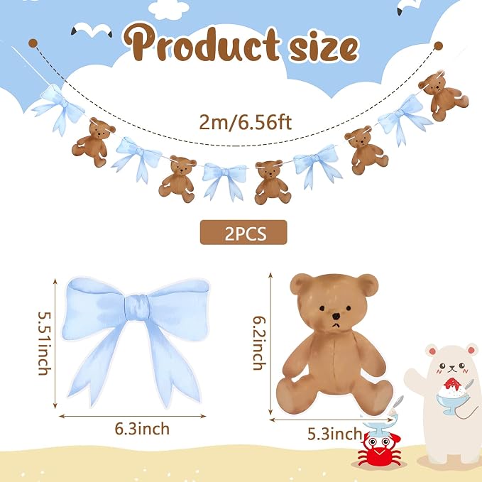 2 Pcs Blue We Can Bearly Wait Banner 6.56 ft Bear Theme Baby Shower Decorations - Image 2
