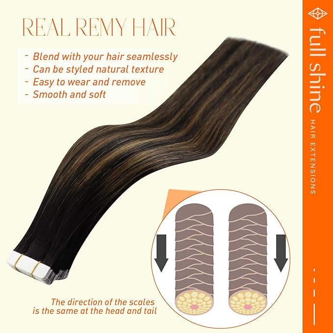 Full Shine Tape in Hair Extensions Human Hair 22 Inch 1B Off Black Fading To 6 Brown and 1B Black Balayage Tape in Extensions Remy Hair Seamless Tape Extensions Tape ins 50G 20 Pcs