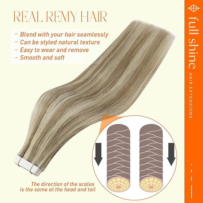Full Shine Seamless Tape in Hair Extensions Human Hair 12Inch Color Golden Blonde Highlight Medium Blonde Tape in Extesnions Double Sided Straight Human Hair Extensions 30G 20Pcs Wedding