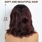 NOBLE Red Wig with Bangs for Women Short Colorful Wavy Bob Wig with Bangs Shoulder Length Ombre Wine Red Curly Wigs with Bangs Heat Resistant Synthetic Burgundy Colored Wigs for White Women