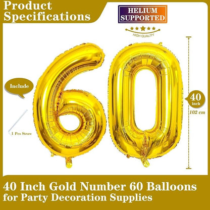 Gold 60 Number Balloons, 40 Inch Giant Number 60 Balloons Foil Mylar Helium - Image 2