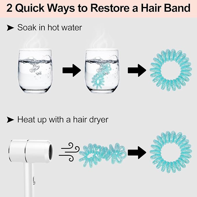 JessLab Spiral Hair Ties, 20 Pcs Traceless Phone Cord Hair Ties No Crease Spiral Bracelet Plastic Coil Ponytail Holders No-Damage Headband Hair Accessory for Girls Women Ladies Gift (Steel Beaded)