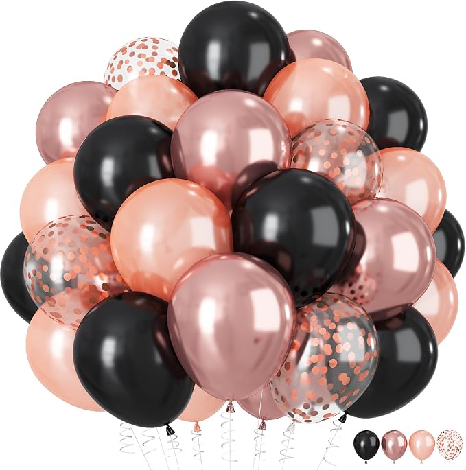 HILAVO Rose Gold and Black Balloons, 12Inch Metallic Rose Gold and Confetti by HILAVO