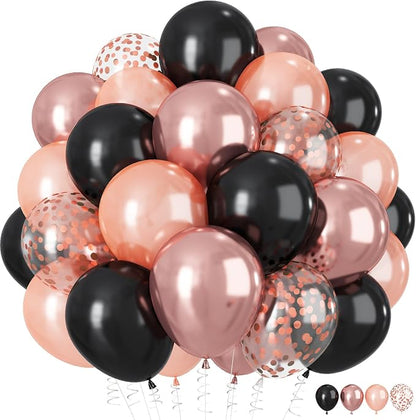 HILAVO Rose Gold and Black Balloons, 12Inch Metallic Rose Gold and Confetti by HILAVO