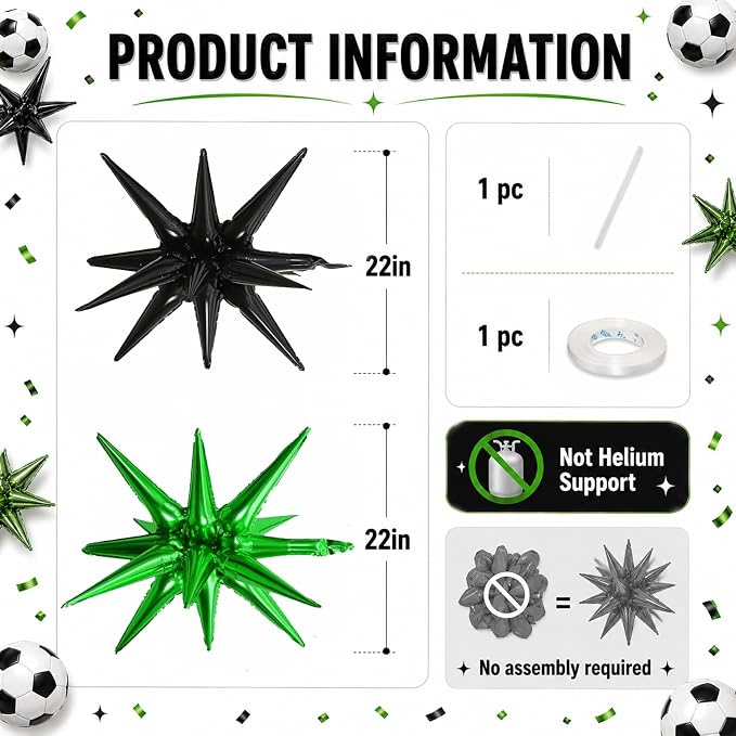 HILAVO 6PCS Black Green Star Balloons, 22Inch Huge Explosion Star Balloons - Image 2