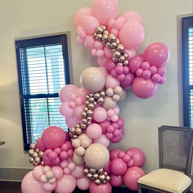 Pink Balloons Set, 12inch Retro Pastel Hot Light Pink Rose Gold White Latex - Image 7