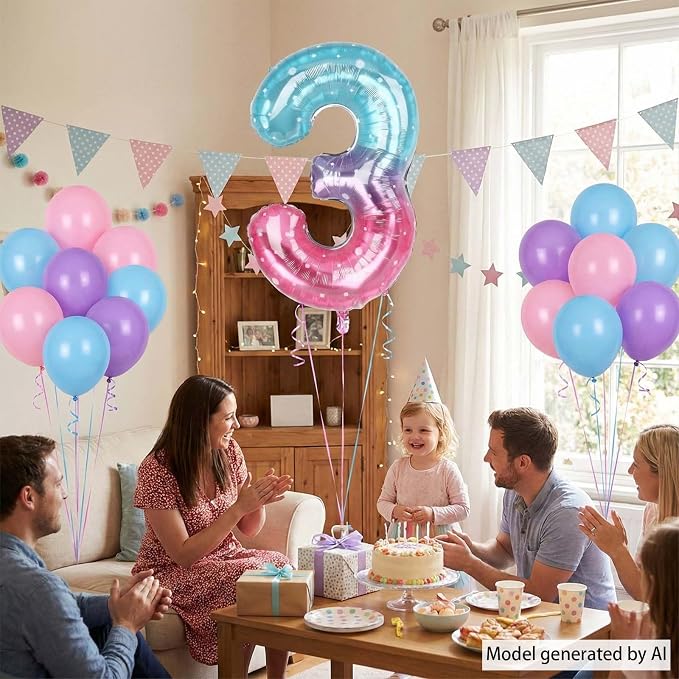 40 Inch Pink Blue Number 3 Balloon, Large Gradient Pink Blue Mylar Foil Number - Image 3