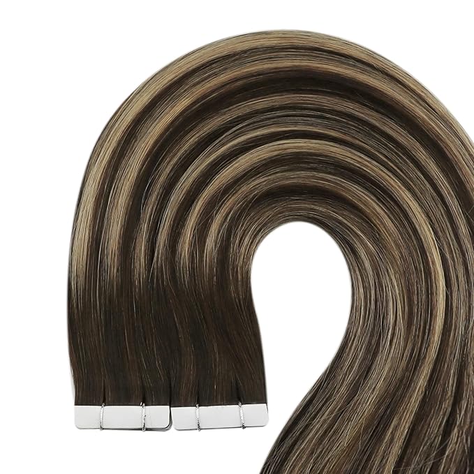 YoungSee Invisible Tape in Hair Extensions Brown Balayage Tape in Extensions Ombre Dark Brown to Blonde with Dark Brown Tape-on Hair Extension Human Hair Long 24In for Instant Length 20pcs 50g