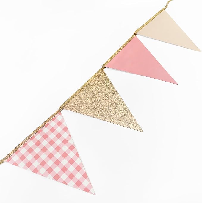 Dusty Rose Pink Buffalo Plaid Champagne Gold Party Decorations Pennant Banner - Image 5