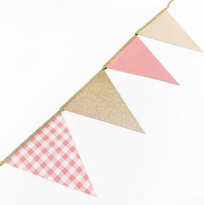 Dusty Rose Pink Buffalo Plaid Champagne Gold Party Decorations Pennant Banner - Image 5