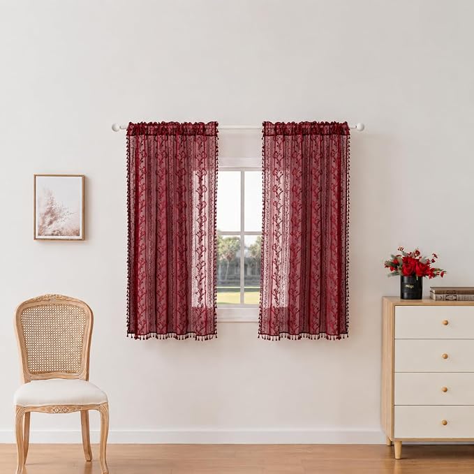 WAZZIO Boho Lace Curtains 2 Panels 63 Inch -Victorian Sheer Panel Drape French - Image 2