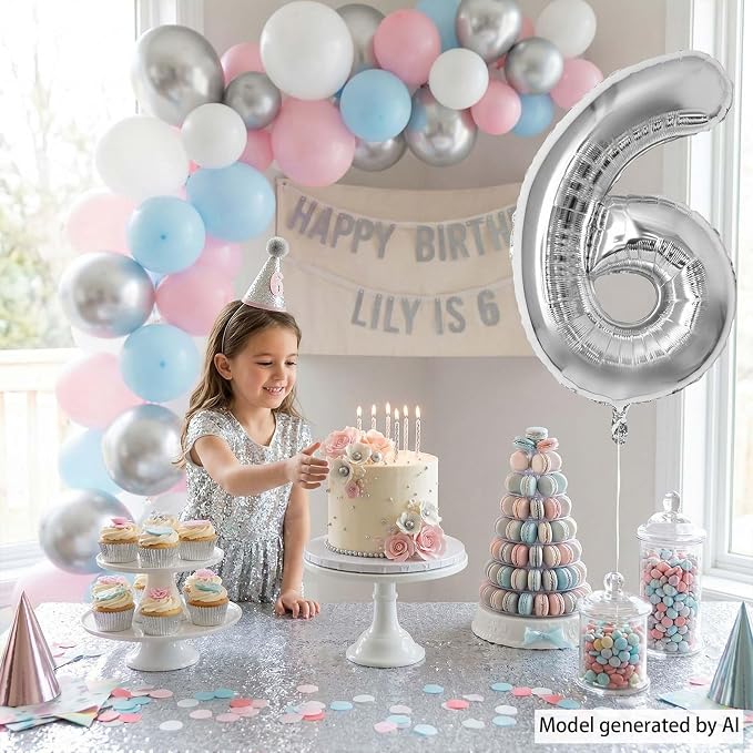 Sleek Silver Metallic Finish Number 6 Balloon, Chic Modern Party Decorations - Image 2