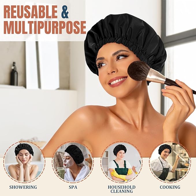 Reusable Shower Cap for Women, Stylish Large Waterproof Shower Bonnet Washable Wide Elastic Band Hair Cap for Long Hair, Braids Bath Hat(Black)