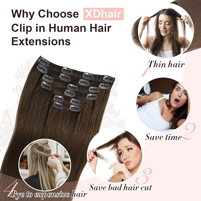 XDhair Clip in Hair Extensions 120G 6pcs Medium Brown Clip in Hair Extensions Real Human Hair Double Weft for Women #4 20 Inch