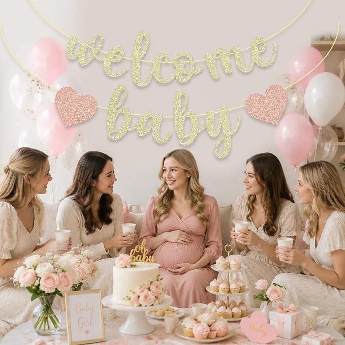 Pre-Strung Welcome Baby Banner | Champagne Gold Glitter Baby Shower Decorations - Image 4