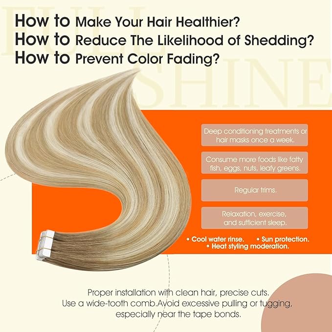 Full Shine Balayage Tape in Hair Extensions Human Hair 6/27/60 Human Hair Tape in Extensions Seamless Tape ins Human Hair Extensions for Women PU Real Human Hair Extension 20pcs 14Inch 50g
