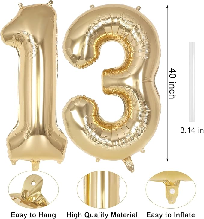Champagne Large Number 13 Balloon, 40 Inch Light Gold Foil Helium Number - Image 2