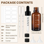 63 Pcs 1oz Amber Glass Dropper Bottles with Measurement, 30ml Leakproof Tincture Bottles with Funnels, Eye Droppers, Extra Caps & Labels, Refillable Empty Bottle for Tinctures, Essential Oils