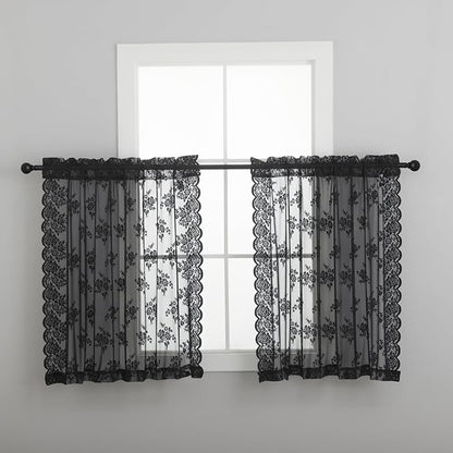 Kotile Black Lace Curtains for Bedroom Vintage Floral W42xL54 Inch 2 Panels | - Image 9