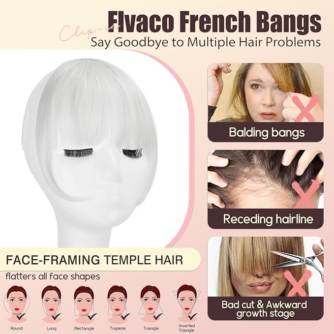 Clip in Bangs, Synthetic Wispy Bangs Hair Clip, Silver Grey Fake Bangs Fringe with Temples Hairpieces for Women Natural Curved Hair Extensions for Daily Wear