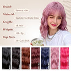 Pink Wig With Bangs Wave Bob Wigs for Women 14 Inch Short Loose Wavy Heat Resistant Synthetic Wig Shoulder Length Hair for Daily and Cospaly Party Use