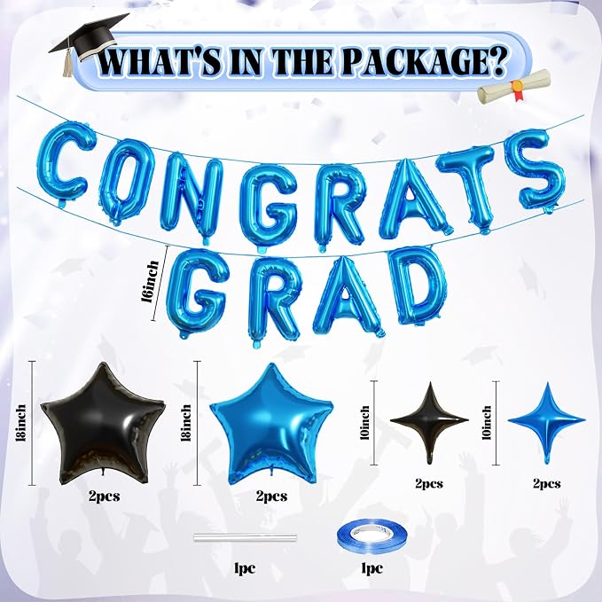 Congrats Grad Balloons, 16 Inch Blue Black Congrats Grad Letters Banner Balloons - Image 2