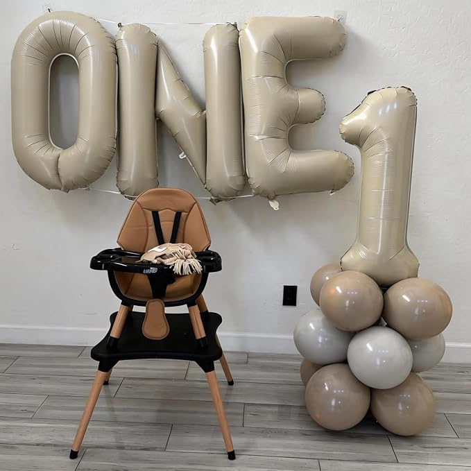 Cream Letter ONE Balloons, 40 Inch Number 1 Balloon Beige - Image 4