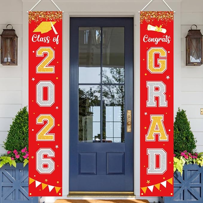 Graduation Decorations 2026 GRAD Banner Red Porch Door Sign Welcome Banner - Image 2