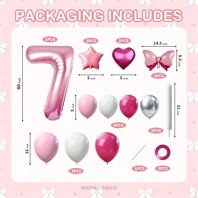 40 Inch Pink Number 7 Balloon Tower Set, Pastel Number Seven Foil Balloon - Image 2