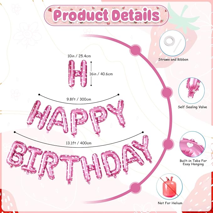 29PC Strawberry Happy Birthday Balloon Banner, 16Inch 3D Aluminum Letter Banner - Image 3